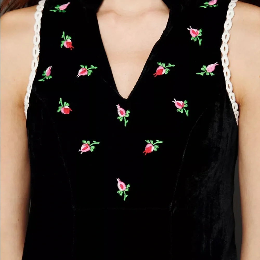 Free People Rosetta Black Velvet Embroidered Rose Mini Shift Dress L